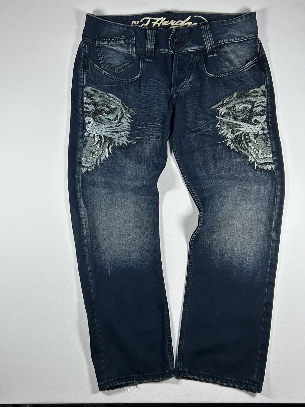 Ed Hardy Tiger Embroidery Jeans 38x32 Distressed Y2K Denim Pants Baggy Bedazzled